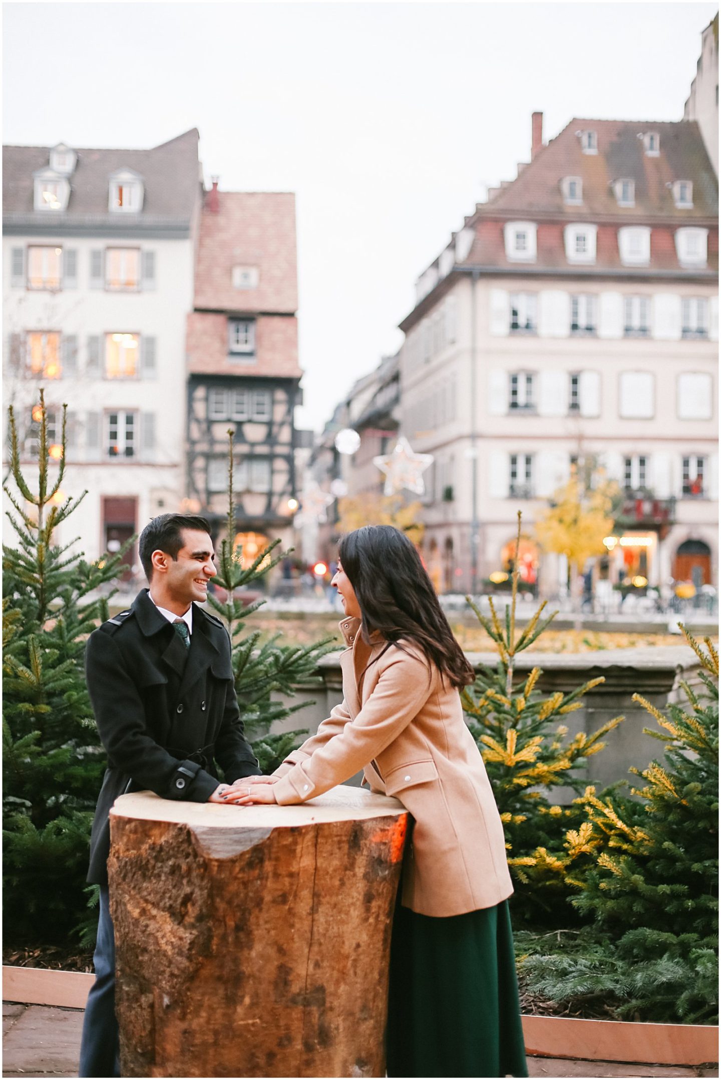Strasbourg France proposal photographer Helena Woods with engaged couple at Christmas market