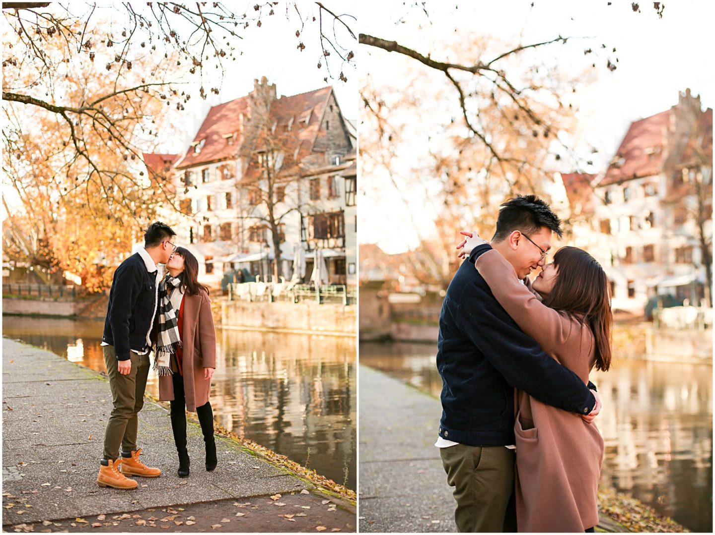 couple embraces after engagement in Petite France Strasbourg