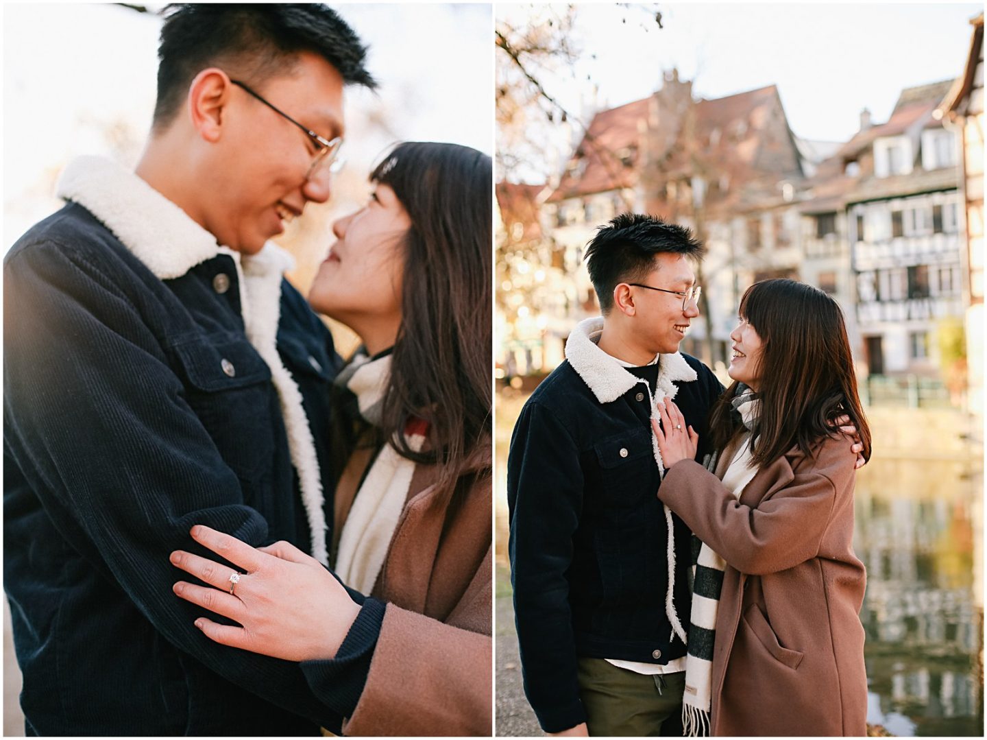 Kissing in Strasbourg during engagement photoshoot