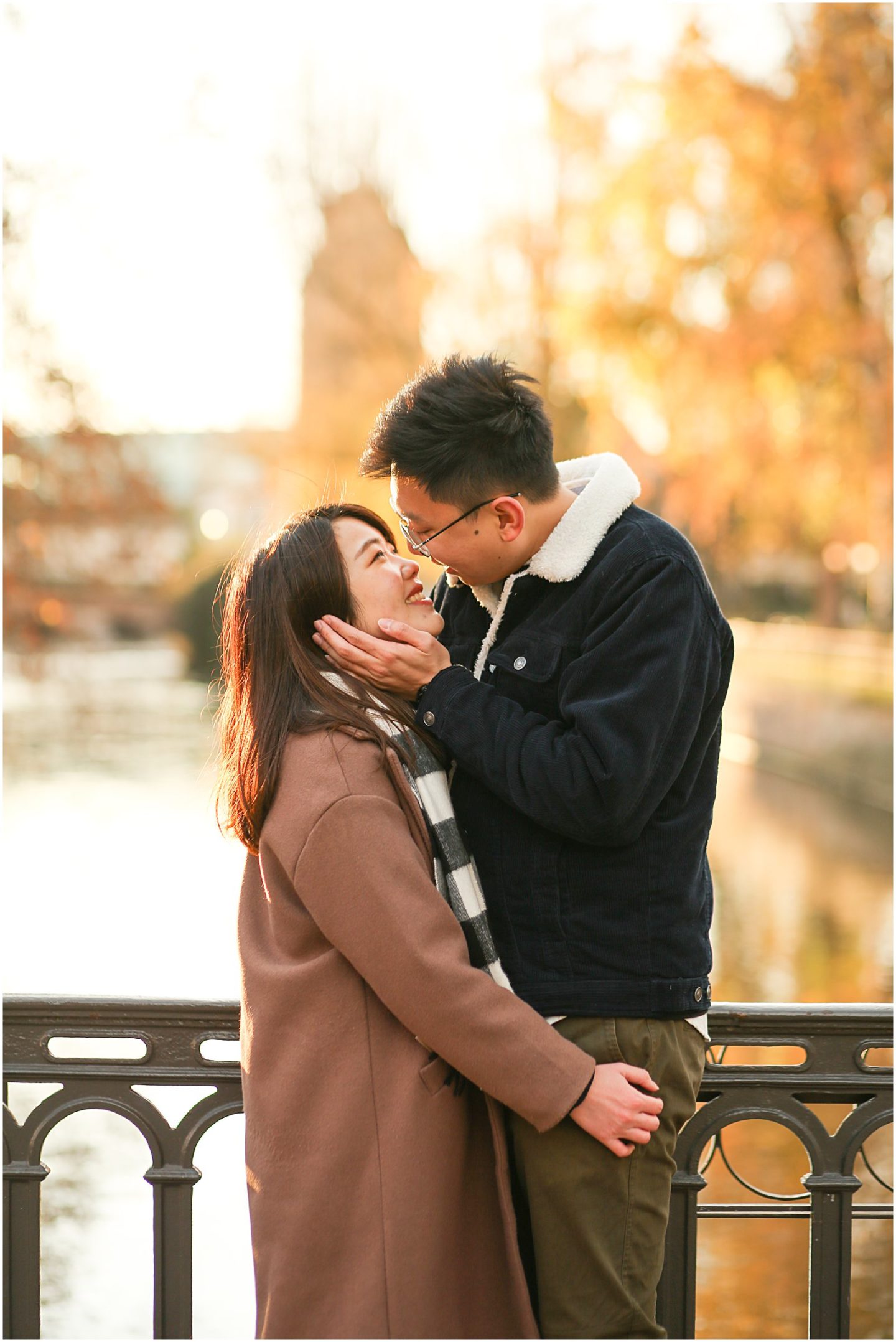 golden hour photoshoot in strasbourg france with engaged couple