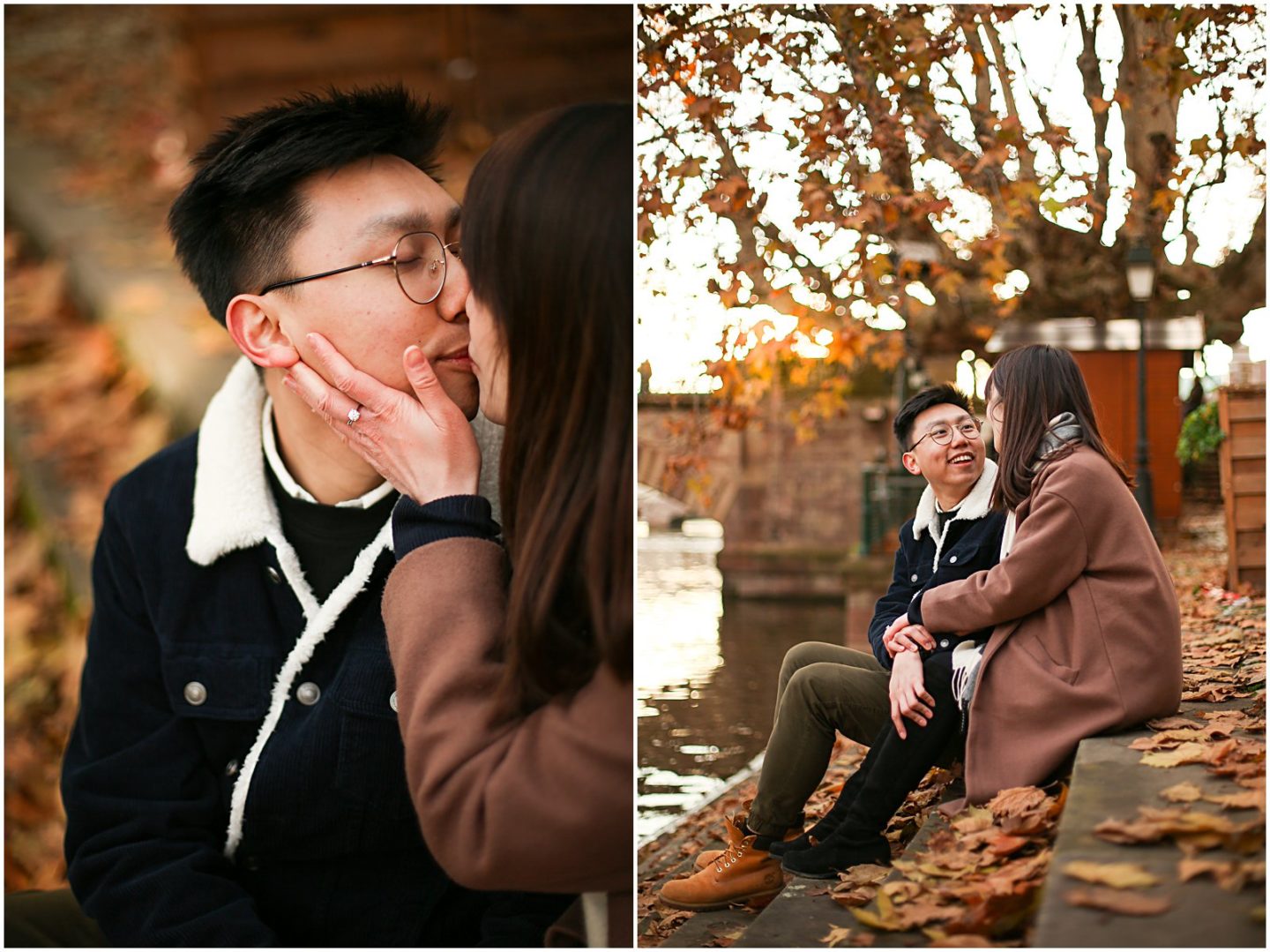 couple holding hands in fall engagement photoshoot