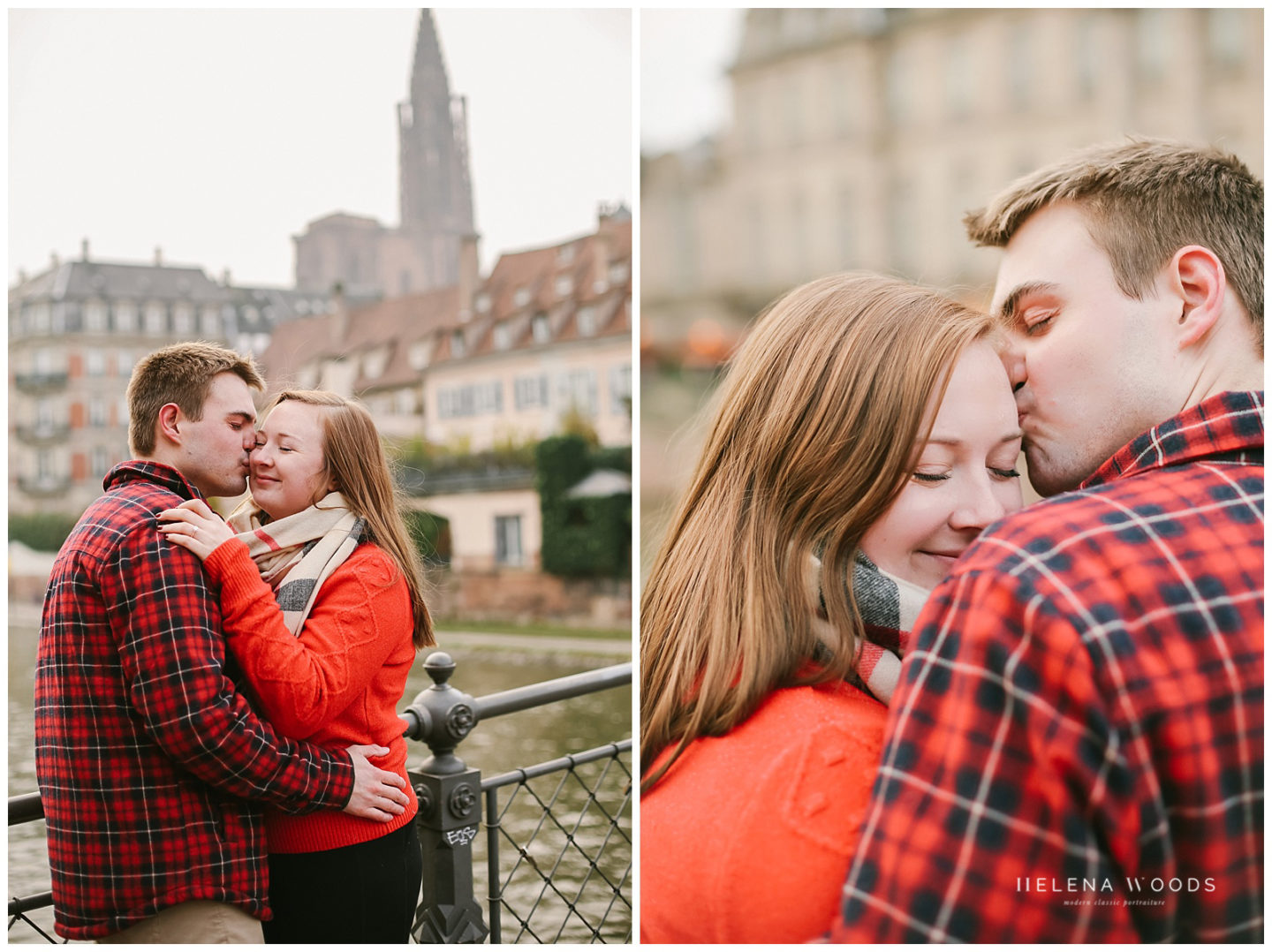 couple kisses outside of Palais Rohan christmas market in Strasbourg Alsace 