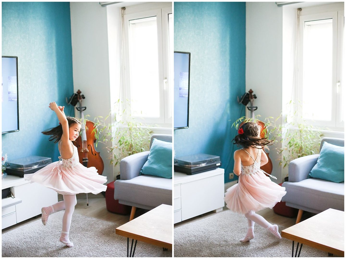 girl in pink dress dancing at Home Lifestyle Family Photo Session with Helena Woods Photography