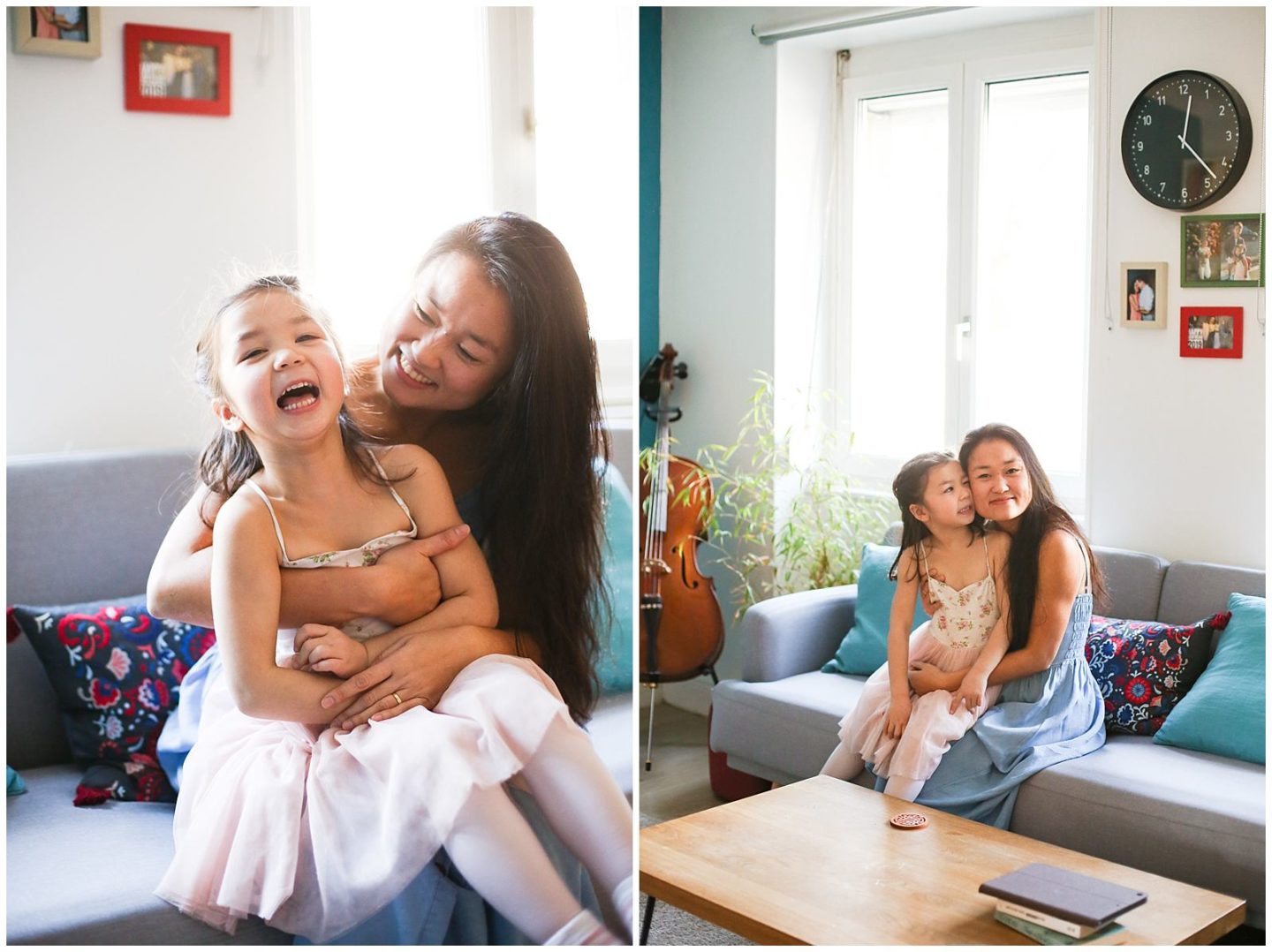 mother cuddles girl during Home Lifestyle Family Photo Session with Helena Woods Photography