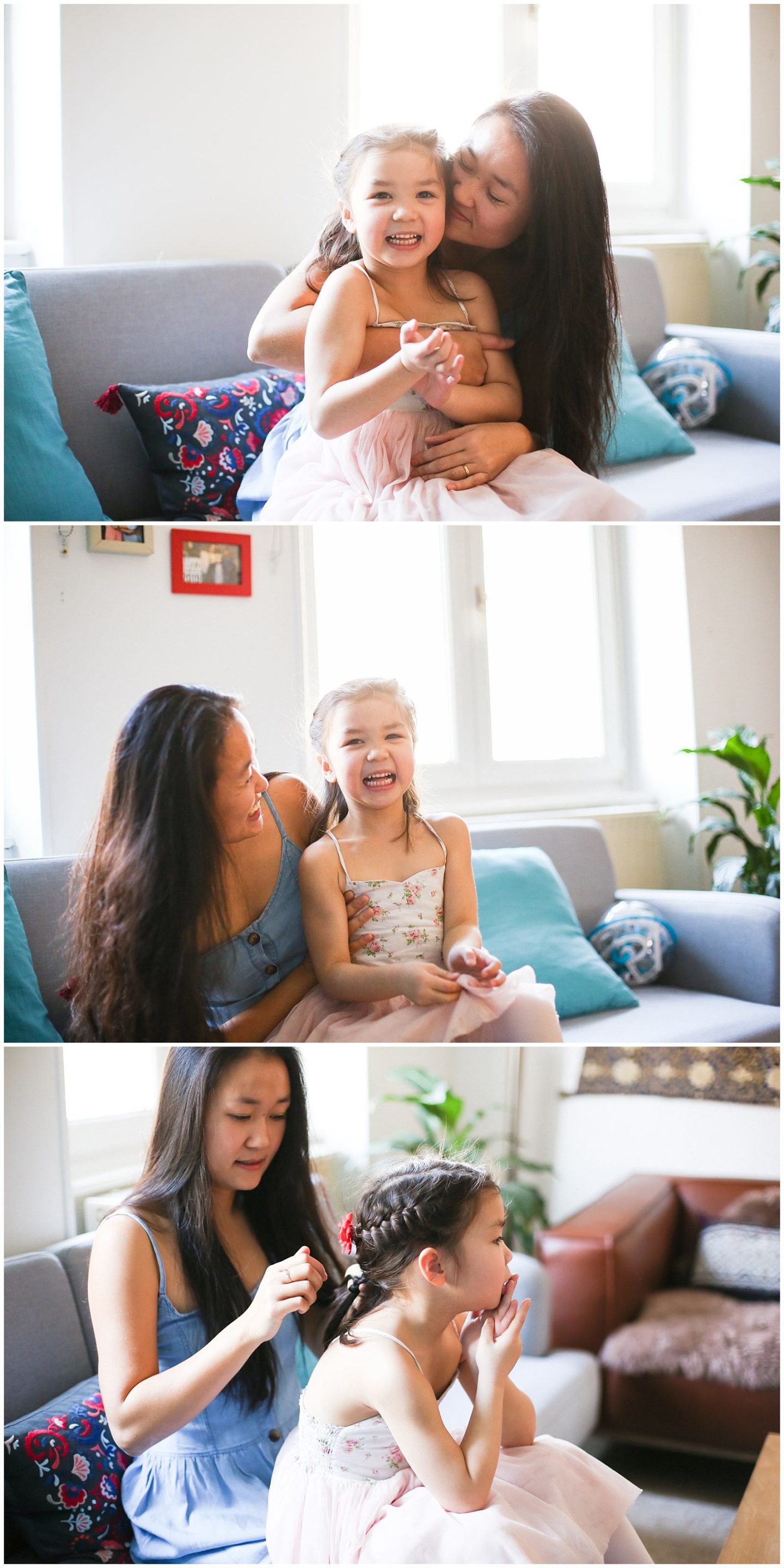 mother braids child's hair during Home Lifestyle Family Photo Session in France
