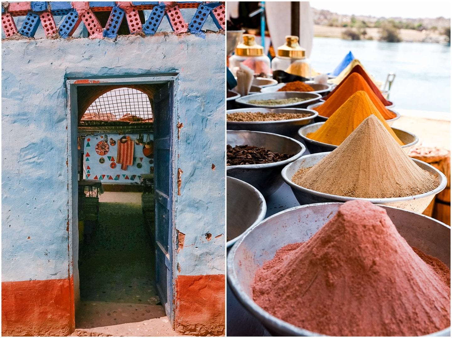 Colorful spices and doorways in at Nubian village in Aswan Egypt 