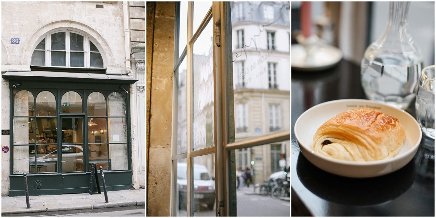 french cafe in Paris on a natural lit alley street and a croissant
