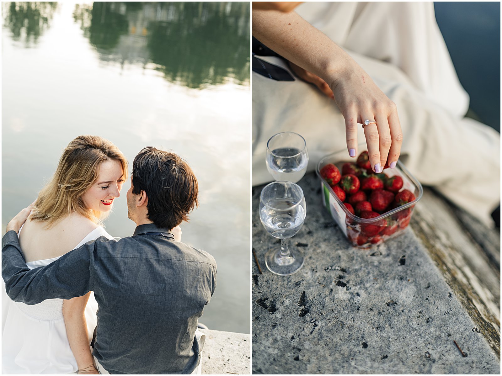sunrise anniversary photoshoot along the seine river in Paris hands picking and eating strawberries