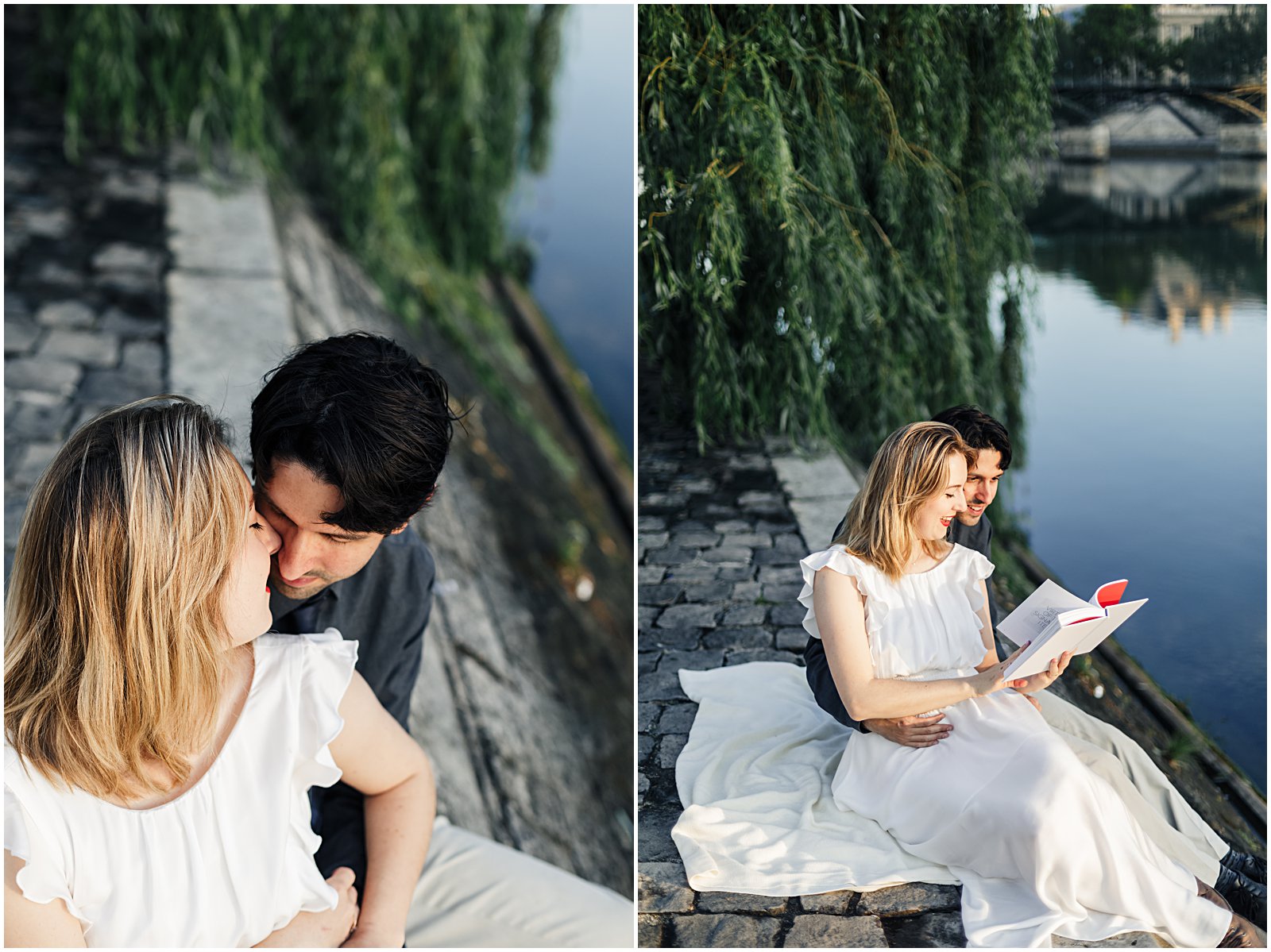 married couple photographed reading along the Seine at anniversary photoshoot