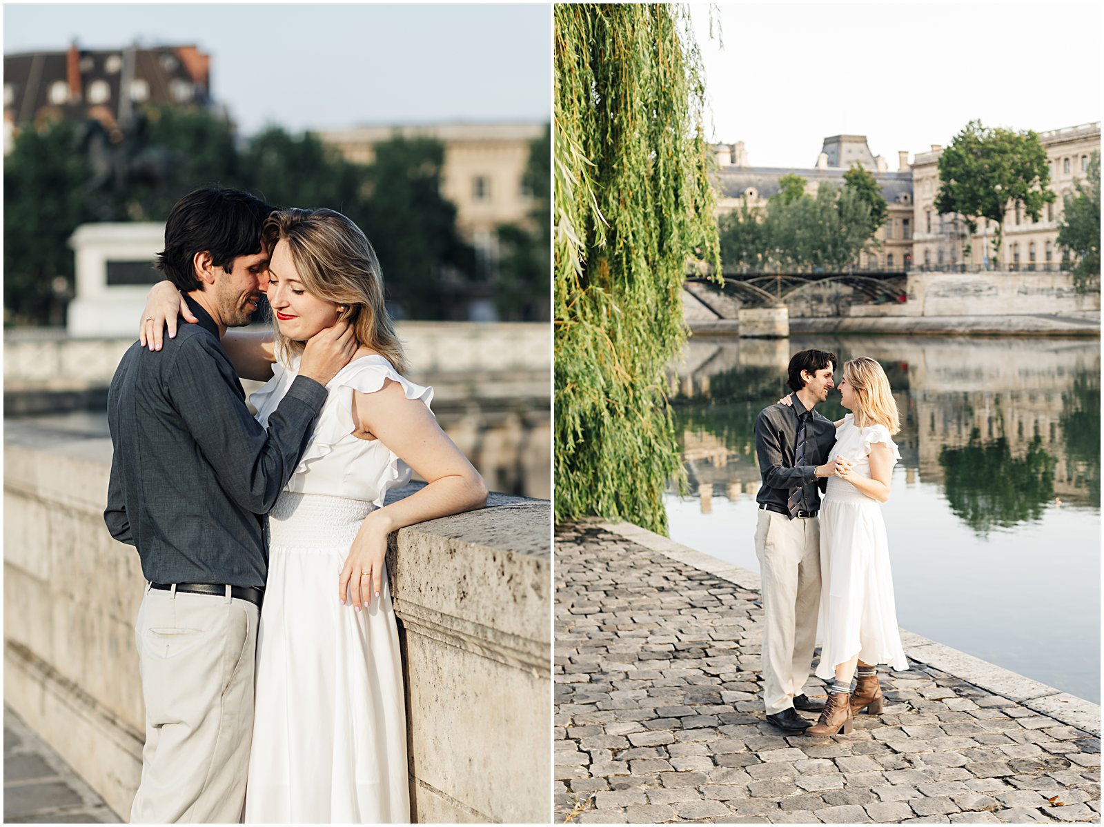 couple dancing along the Seine in Paris Pont Neuf bridge Photo session