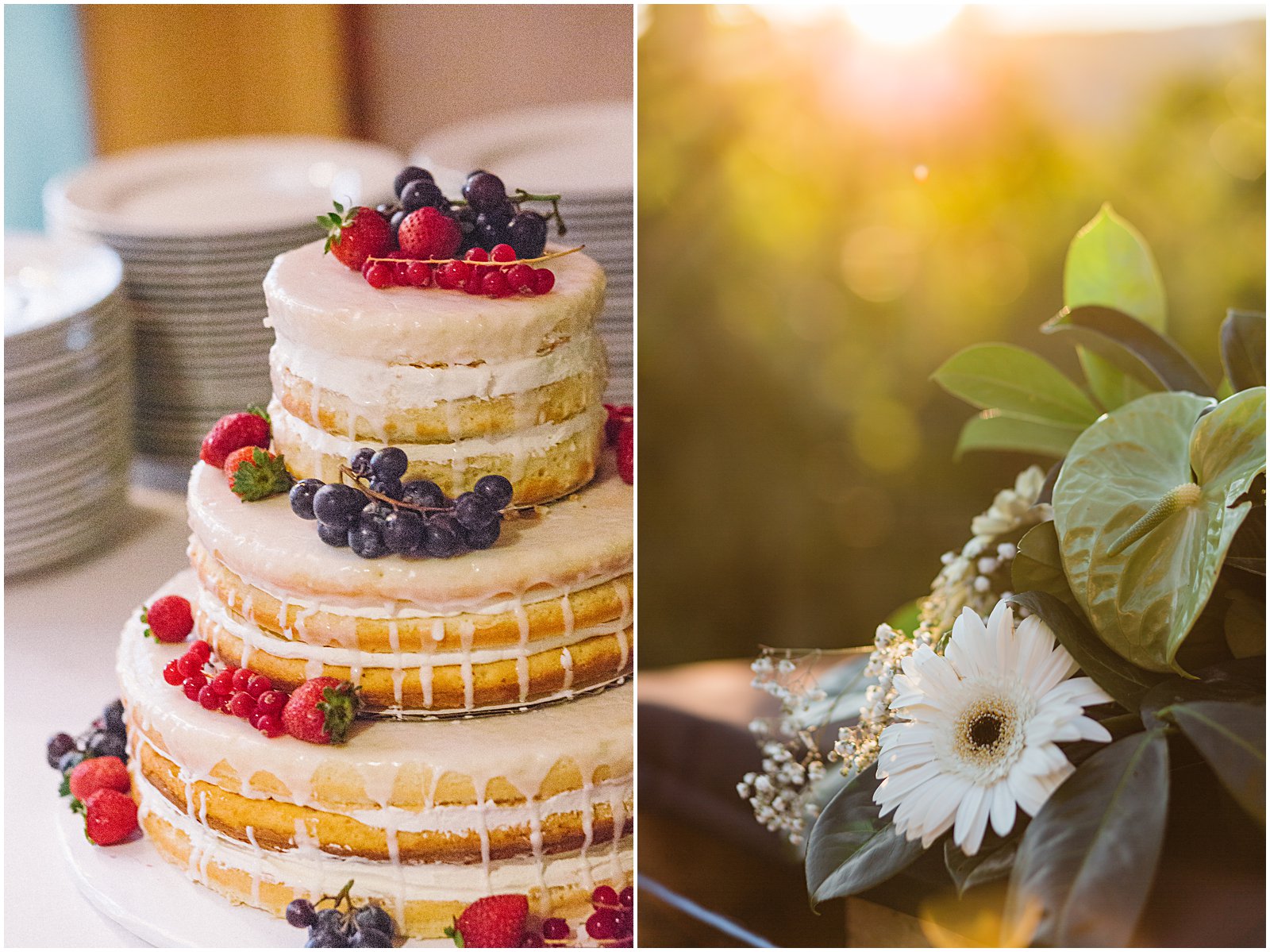 wedding cake berries with golden sunset flower by Helena Woods wedding Photography