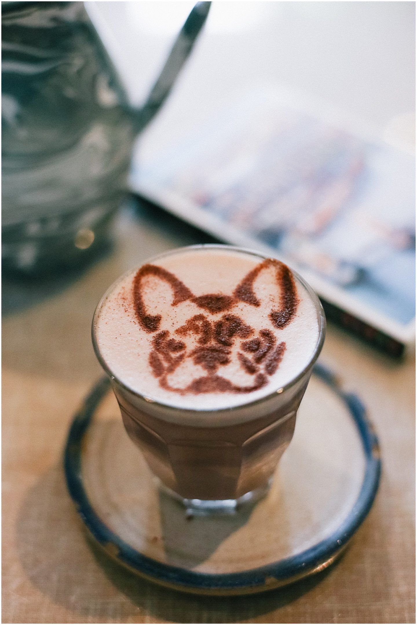 french bulldog chai latte at farm girl cafe in london