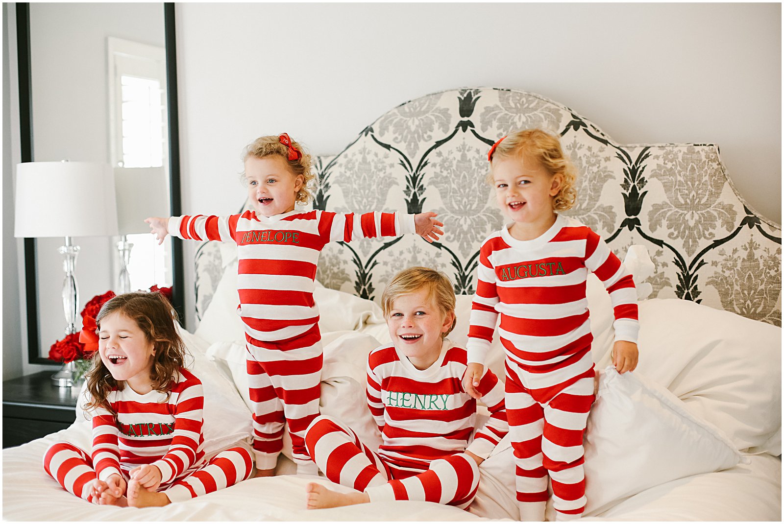 children dresses in matching christmas pajamas