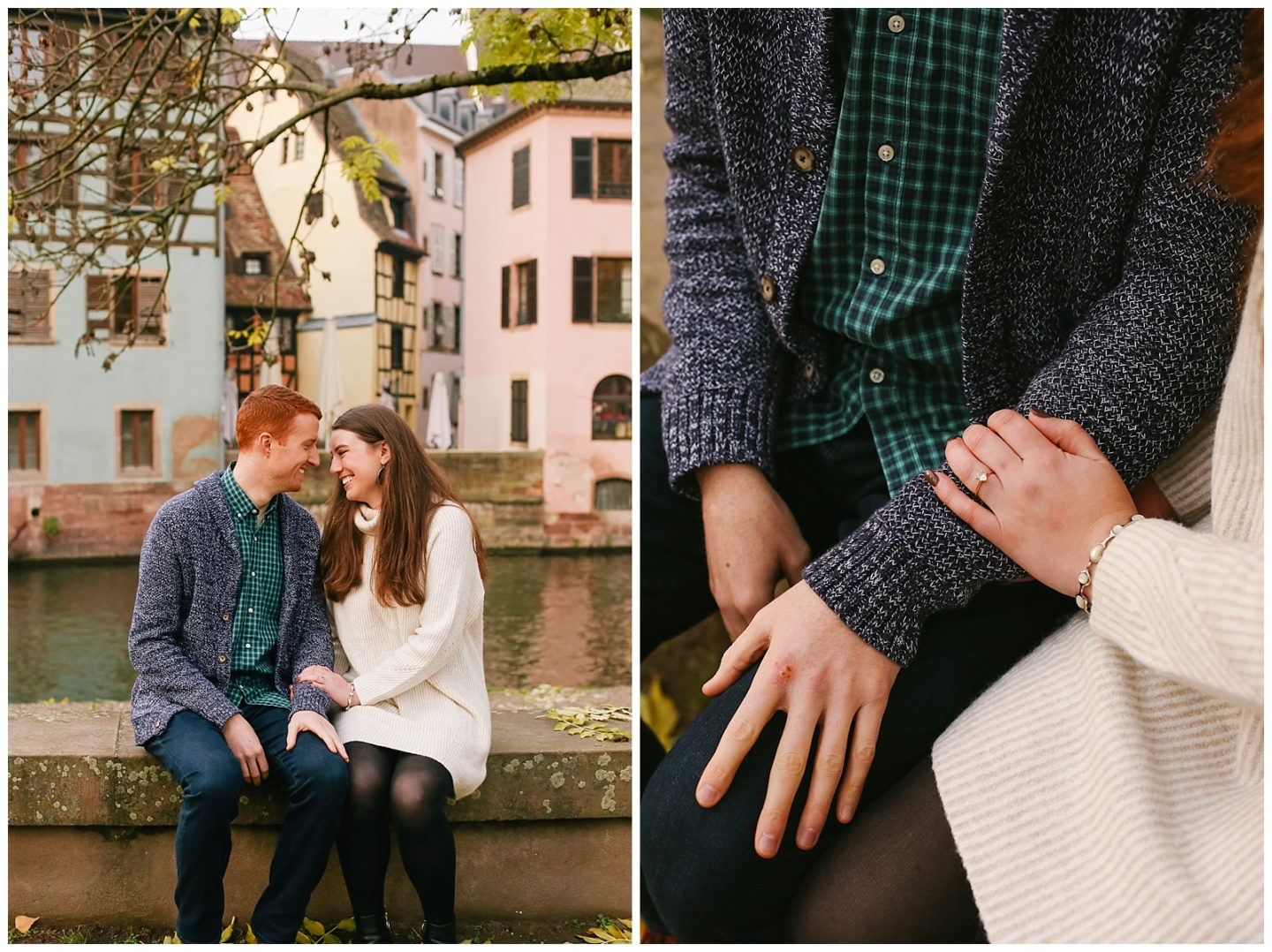 couple smiling in Strasbourg Petite France for engagement photos with Helena Woods Photography
