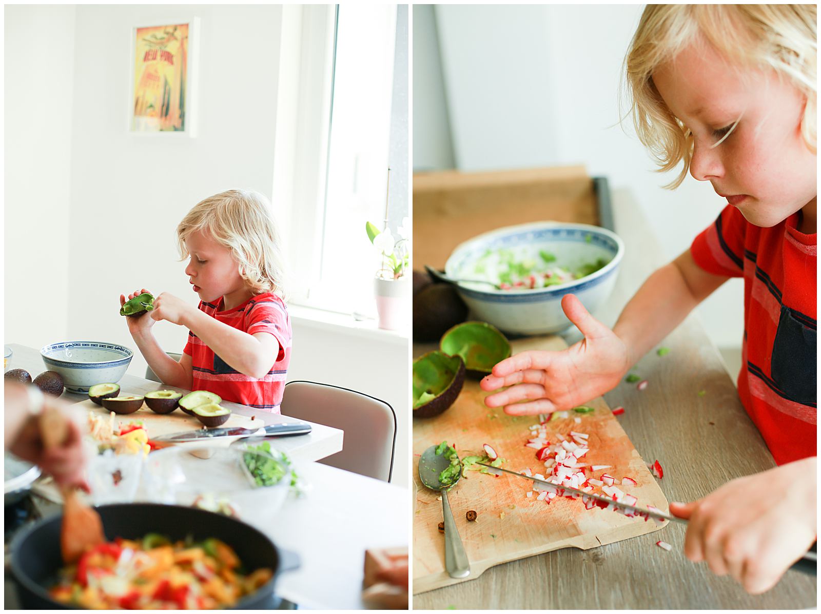kid cooking at home with his family and lifestyle photographer in Nantes France