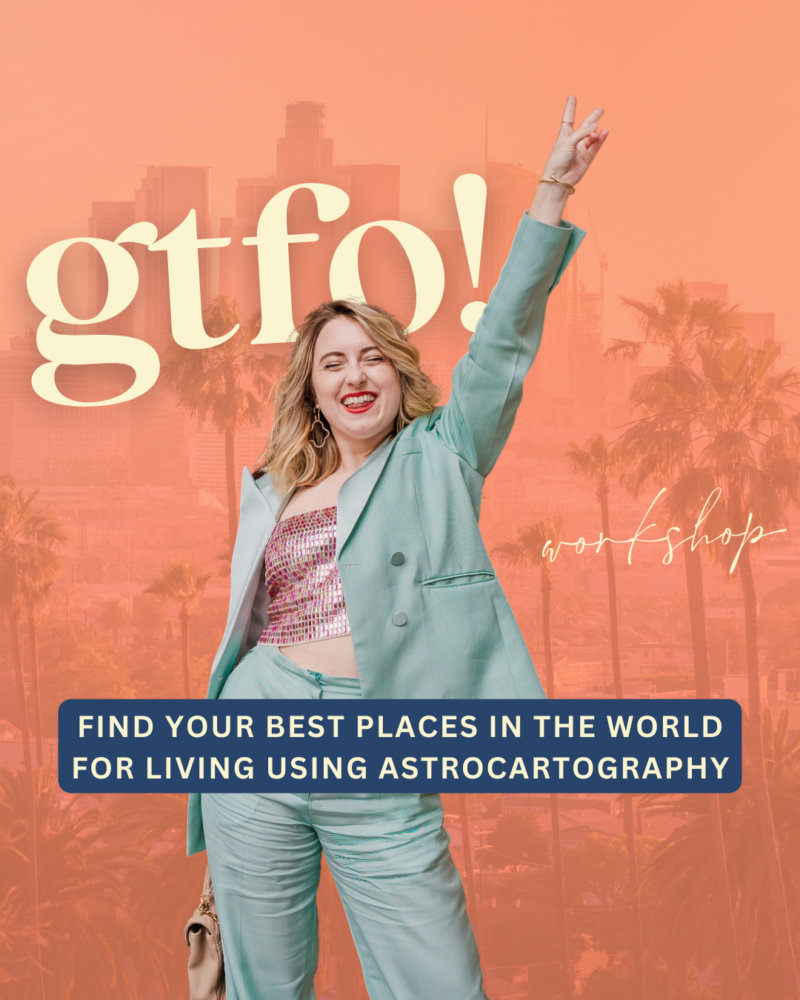 woman in blue suit dancing teaching astrocartography workshop relocation palm trees in california